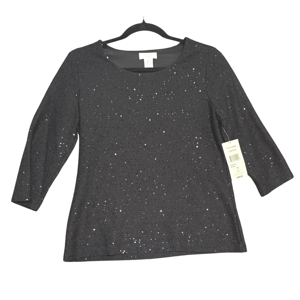 Laura Ashley NWT Sequin Top Women PS 3/4 Sleeve Scoop Neck Black LA1F00064P New